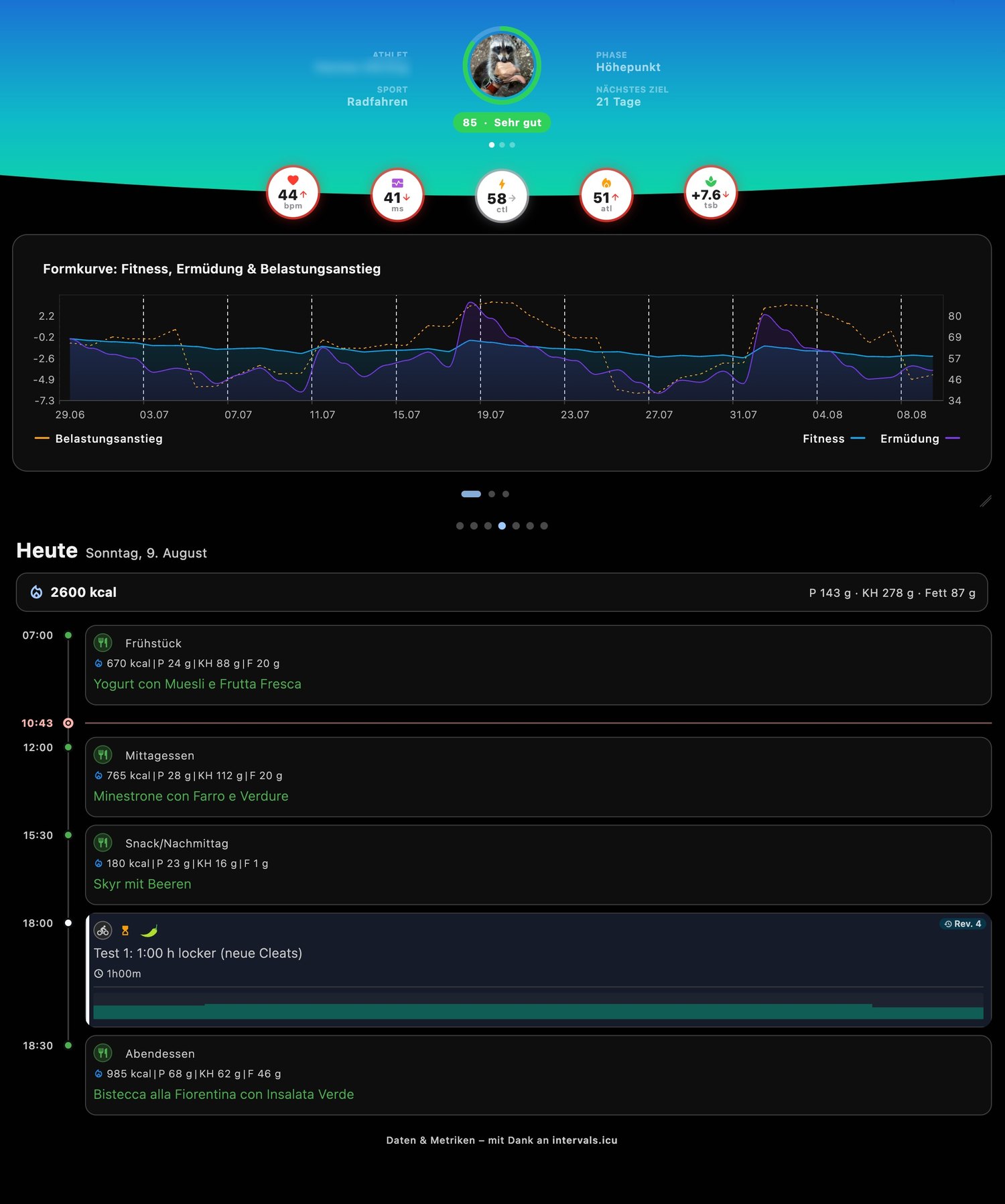Dashboard: Formkurve, Kennzahlen und der Tagesplan mit Mahlzeiten und Einheit