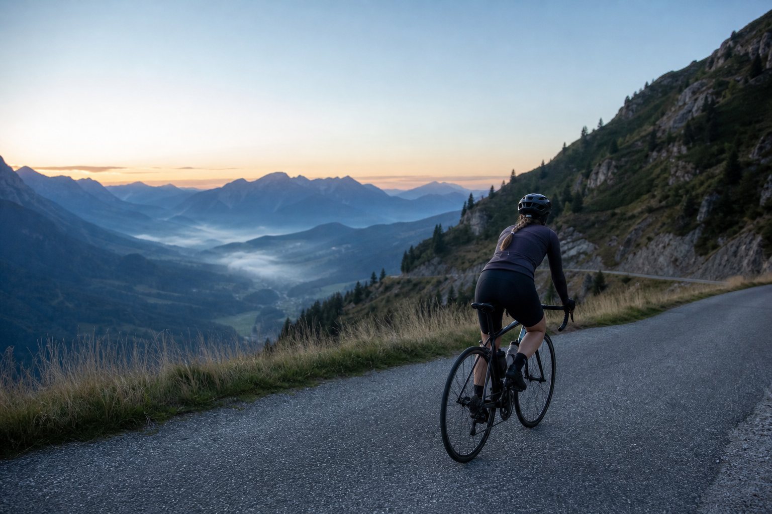 Eine Radfahrerin auf einer Passstrasse im Morgenlicht, im Tal darunter liegt Nebel