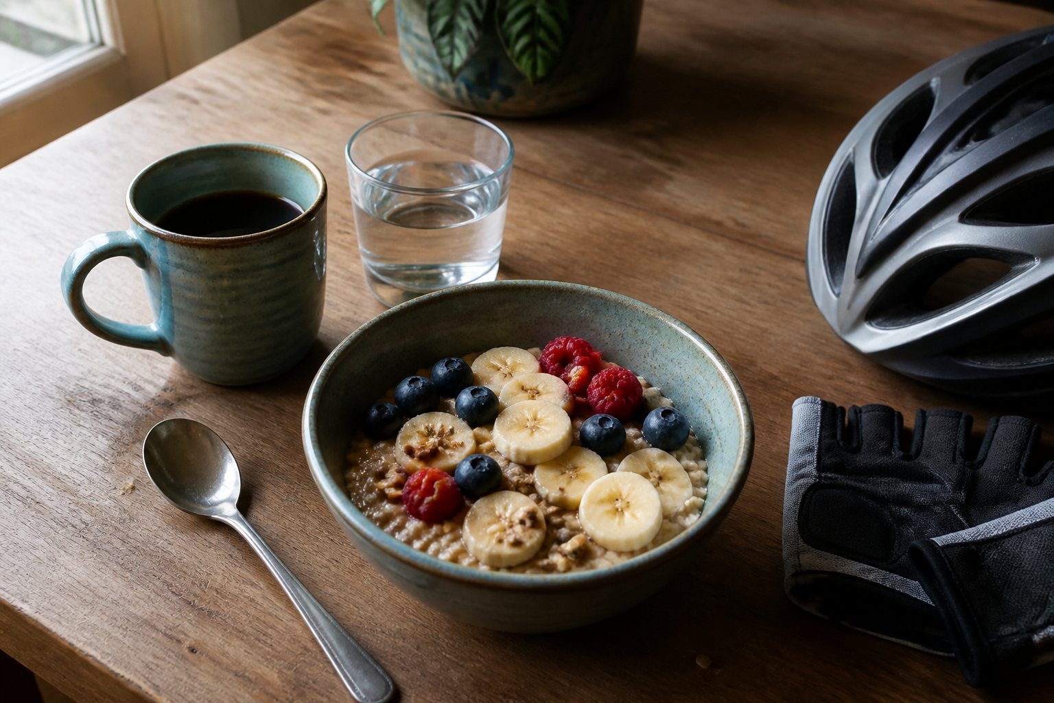 Frühstück auf einem Holztisch: Porridge mit Beeren und Banane, Kaffee, Wasser, daneben Helm und Handschuhe